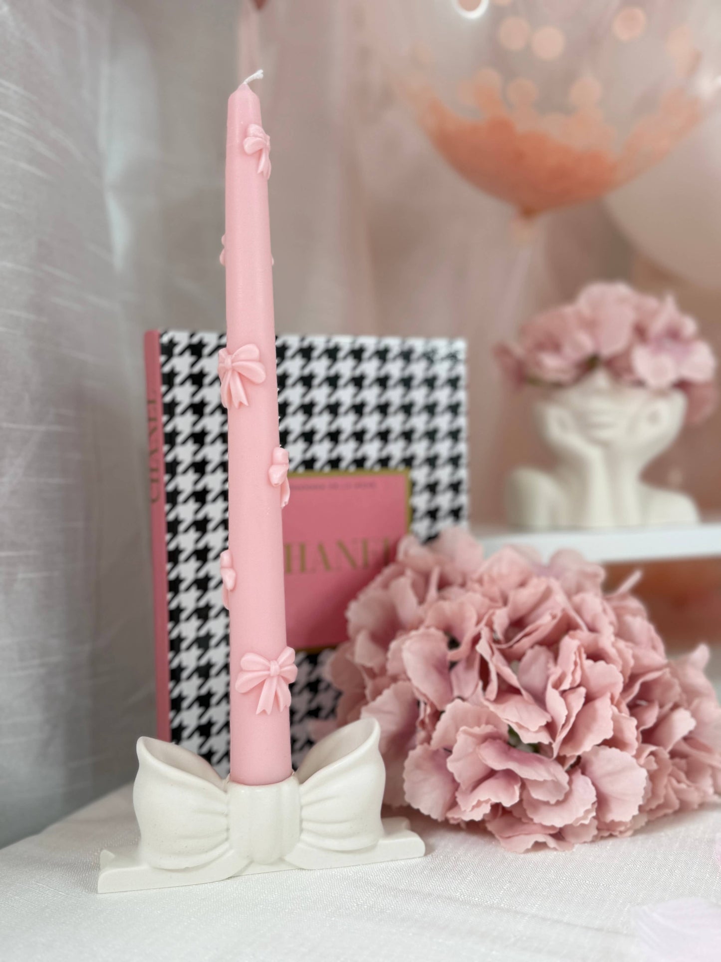 Bougie Pilier Décorative – Nœuds, Cerise ou Fraise : Noeud / Rose / Barbe à papa