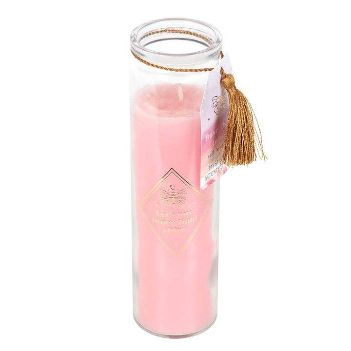 Bougie Tube Rose Mystique avec Cristaux de Quartz Rose