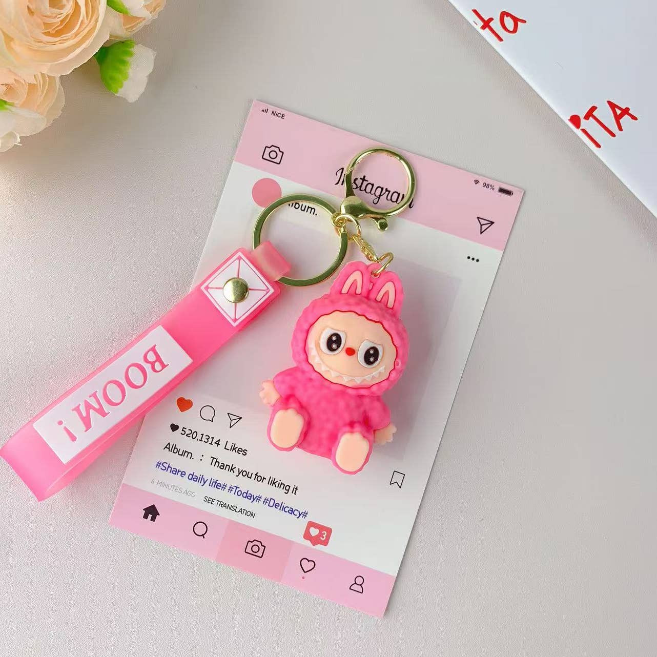 Porte-clés mignon Labubu très populaire pour filles – Charm de sac: Rose