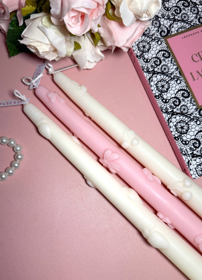 Bougie Pilier Décorative – Nœuds, Cerise ou Fraise : Noeud / Rose / Barbe à papa