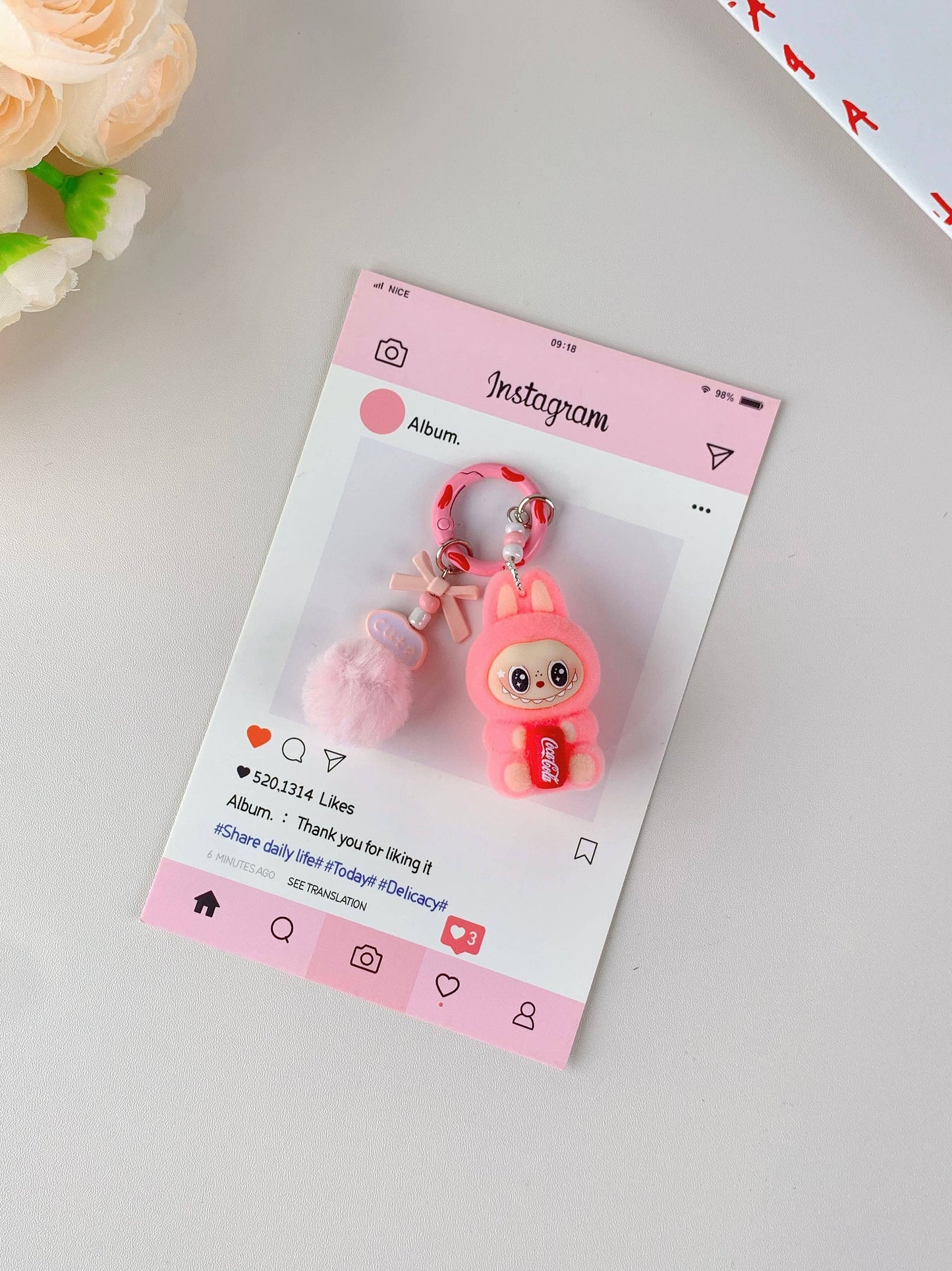 Porte-clés mignon Labubu en vente pour filles, accessoire de clé de voiture: Rose